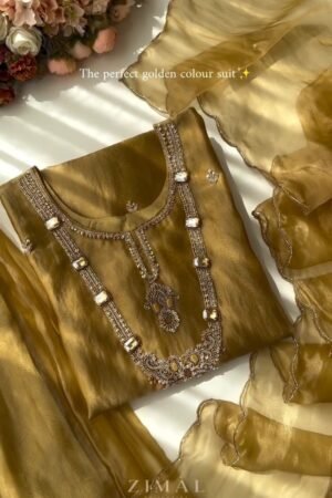 Opulent Golden Organza Embellished Kurta Set with Crystal Detailing