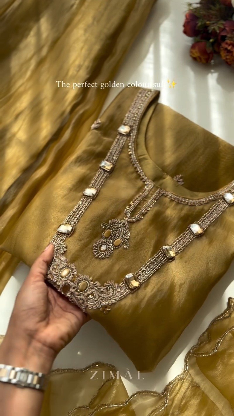 Opulent Golden Organza Embellished Kurta Set with Crystal Detailing - Image 3