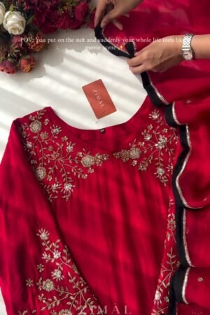Crimson Bloom Embroidered Kurta Set with Scalloped Dupatta