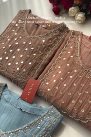 Ethereal Mirror-Work Embroidered Anarkali Kurta Set – Available in Dusty Rose & Powder Blue