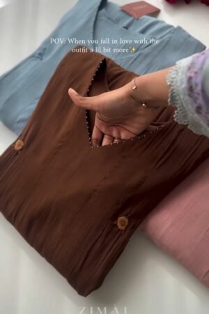 Ethereal Embroidered V-Neck Kurta Set – Available in Earthy Brown, Dusty Pink & Serene Blue
