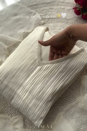 Ethereal Pearl-Embellished Ivory Pleated Co-Ord Set