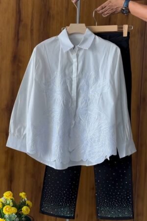 Floral Embroidered Cotton Shirt and Crystal Embellished Trouser Set – Available in White, Beige, Peach & Pink