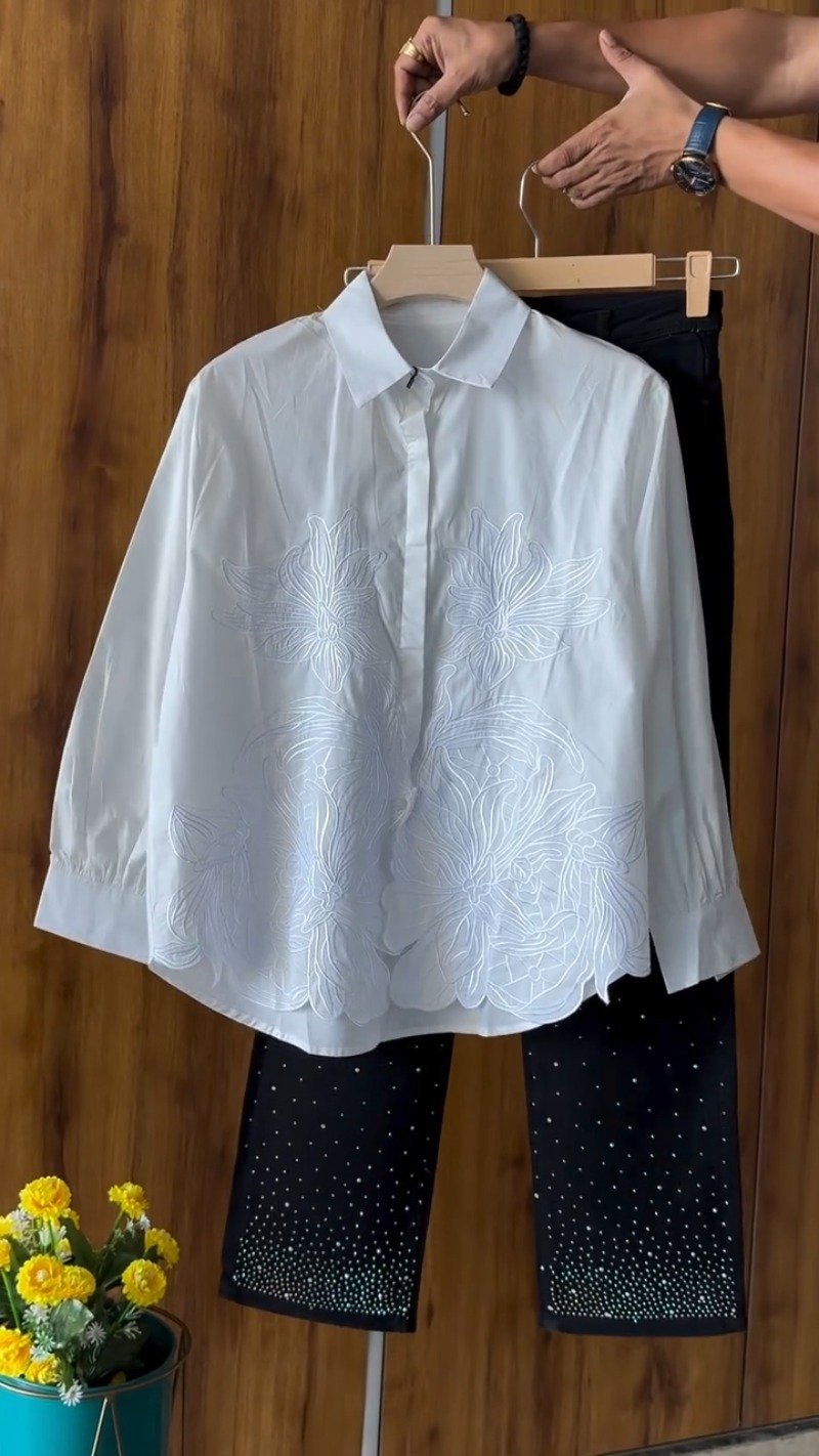 Floral Embroidered Cotton Shirt and Crystal Embellished Trouser Set β Available in White, Beige, Peach & Pink
