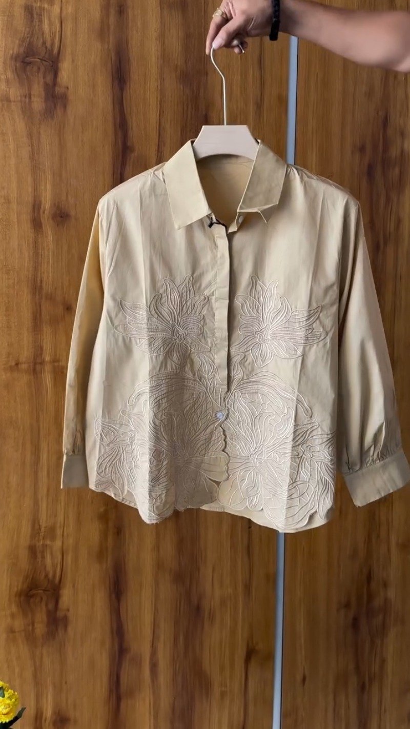 Floral Embroidered Cotton Shirt and Crystal Embellished Trouser Set β Available in White, Beige, Peach & Pink - Image 2