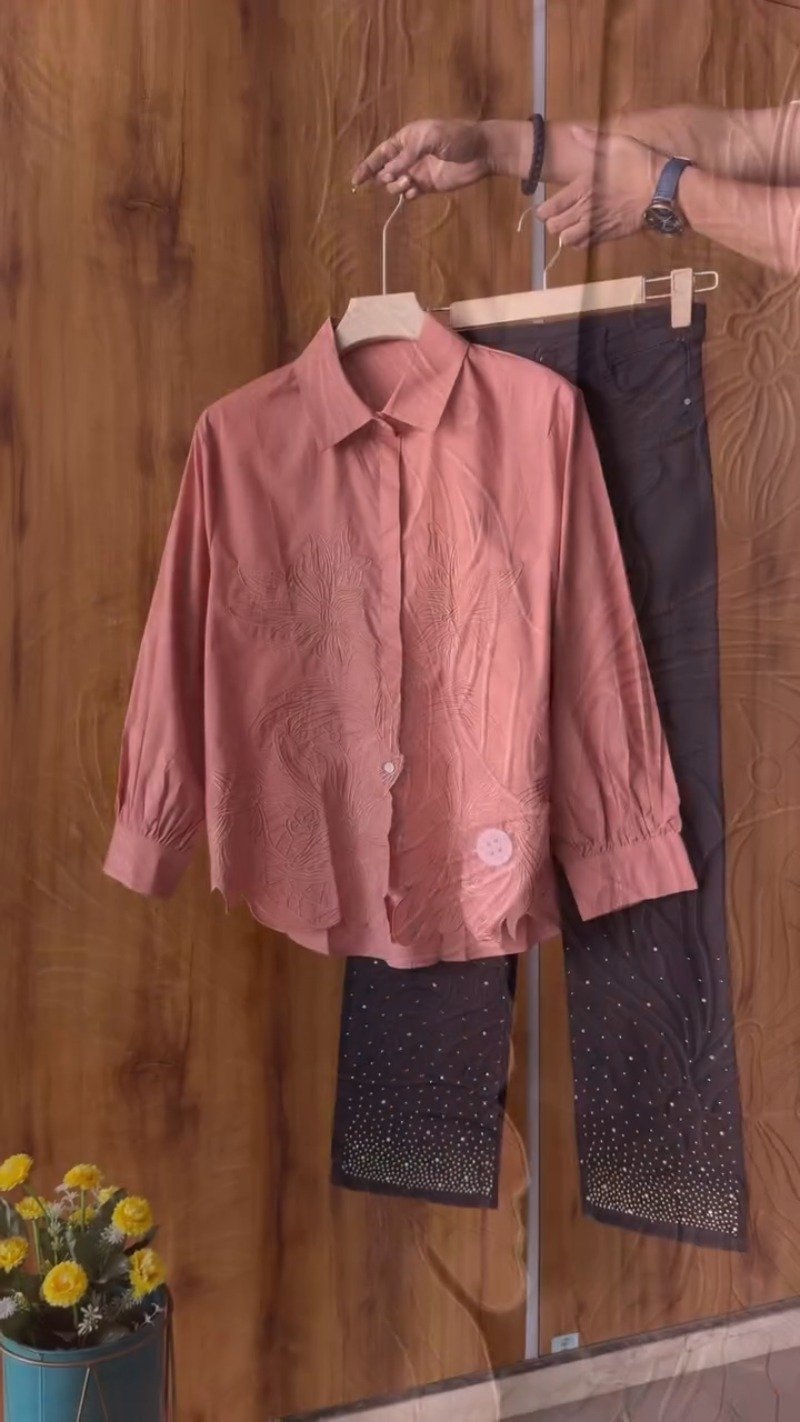 Floral Embroidered Cotton Shirt and Crystal Embellished Trouser Set β Available in White, Beige, Peach & Pink - Image 3