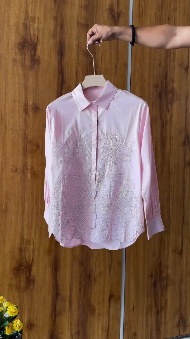 Floral Embroidered Cotton Shirt and Crystal Embellished Trouser Set β Available in White, Beige, Peach & Pink - Image 4