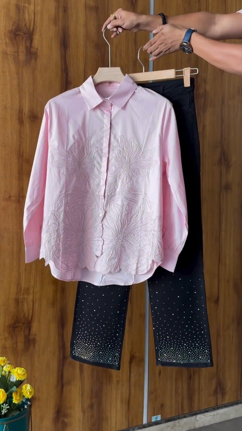 Floral Embroidered Cotton Shirt and Crystal Embellished Trouser Set β Available in White, Beige, Peach & Pink - Image 5
