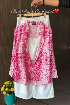 Mediterranean Tile Print Pure Linen Co-Ord Set – Available in Vibrant Pink & Royal Blue