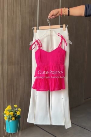 Chic Pleated Tiered Cami Top and Slit Trousers Co-ord Set – Available in Vibrant Pink, Pastel Blue, Sunny Yellow & Sage Green