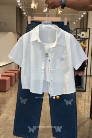 Chic Butterfly & Rhinestone Embellished Denim Co-ord Set – Available in White, Mint, Sky Blue & Lilac