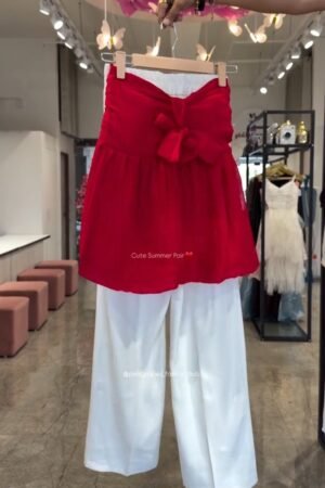 Chic Bow-Front Peplum Top & Palazzo Set – Available in Red, Yellow, Magenta & Olive Green