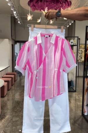 Classic Striped Wrap-Front Co-ord Set with Tapered Trousers – Available in Pink, Blue & Lime Green