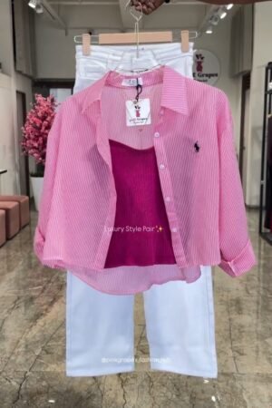 Chic Striped Co-ord Set with Tank Top and White Trousers – Available in Pink, Yellow, Blue & Tan