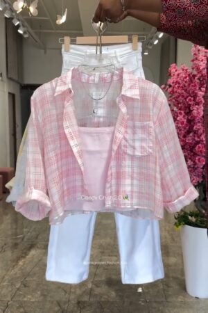 Pastel Plaid Layered Coord Set with White Trousers – Available in Pink, Blue, Yellow & Mint