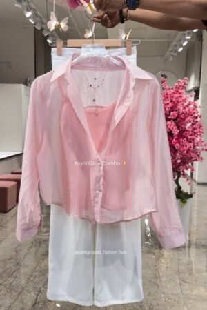 Royal Glow Organza Shirt & Pant Co-ord Set – Available in Pink, Beige, Blue & Sage Green