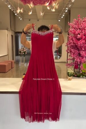Ethereal Pleated Flare Embellished Gown – Available in Crimson, Dusty Rose, Ivory, Jet Black & Powder Blue