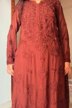 Rust Maroon Hand-Embroidered Chiffon Chikankari Kurta – Elegance in Monochrome