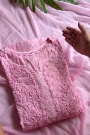 Blush Pink Hand-Embroidered Chikan Kurta Set – Timeless Elegance in Pastel