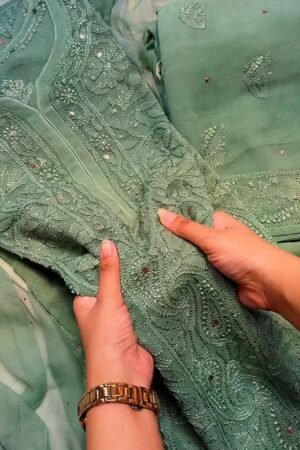 Ethereal Sage Green Chikankari & Mirror-Work Kurta Set