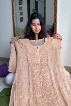 Elegant Chikankari Hand-Embroidered Kurta – Available in Peach, Crimson Red & Pastel Pink
