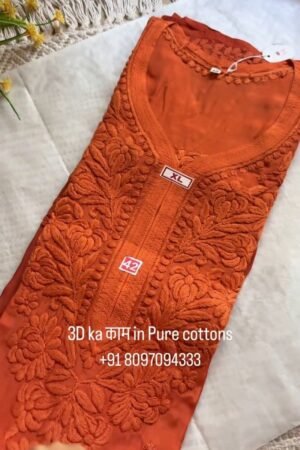 Exquisite 3D Floral Hand-Embroidered Pure Cotton Kurta – Available in Rust, Moss Green, Charcoal Grey, Maroon & Deep Mauve