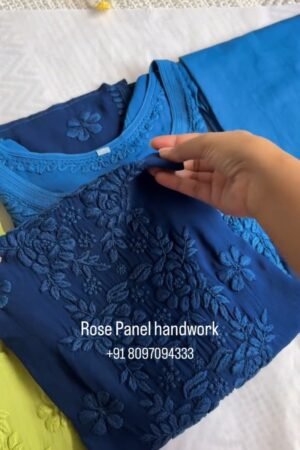 Rose Panel Hand-Embroidered Chikankari Kurta Set – Available in Midnight Blue, Crimson Red, and Lime Green
