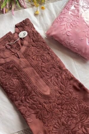 Exquisite Lucknowi Chikankari Hand-Embroidered Kurta – Available in Dusty Rose, Peach & Terracotta
