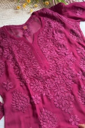 Chikankari Elegance Hand-Embroidered Georgette Kurta – Available in Plum, Black & Rust Orange