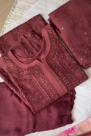 Enchanting Maroon Chikankari Embroidered Kurta Set with Embellished Dupatta