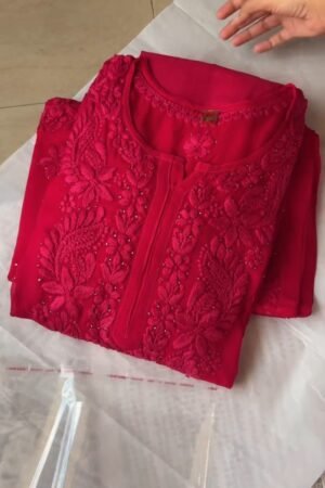 Radiant Crimson Chikankari Embroidered Kurta Set with Embellished Dupatta