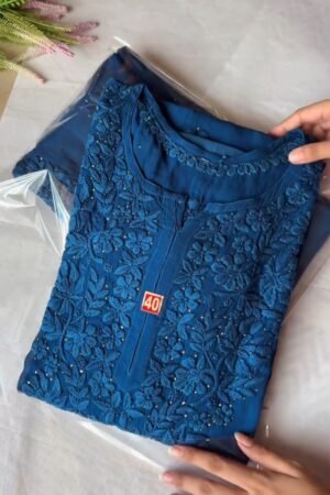 Midnight Sapphire Chikankari Georgette Kurta Set with Intricate Mirror Accents