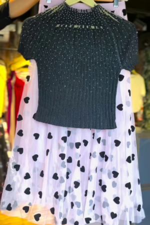 Black Glitter Top with Pink Heart Net Skirt Magical Glam Co-ord Set
