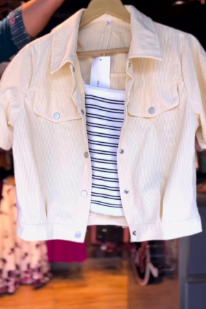 Beige Corduroy Crop Jacket with Black & White Striped Inner Top  Casual Chic Set