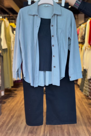 Dusty Blue Oversized Shirt with Black Inner Tank & Wide-Leg Pants 3-Piece Co-Ord Set