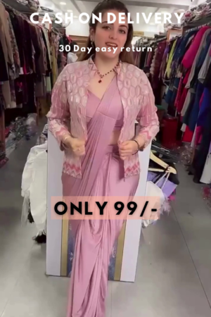 Lavender Frost: Pre-Stitched Satin Cocktail Saree Set