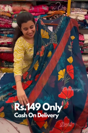 Teal Blossom: Floral Printed Alia-Cut Anarkali Kurta Set