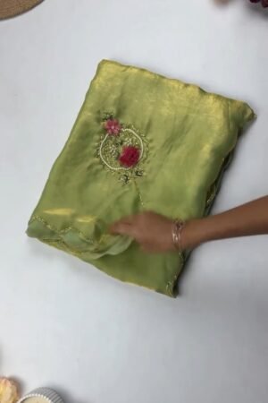 Floral Motif Embellished Shimmer Organza Saree – Available in Lime Green, Sky Blue, Cream, Red, Purple, Teal, Forest Green & Fuchsia