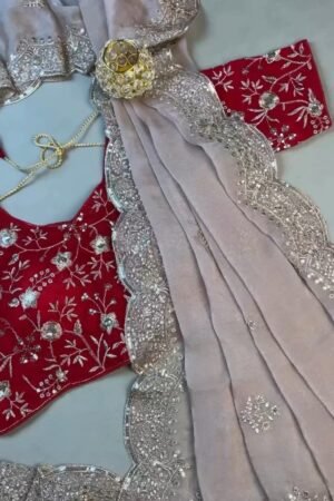 Enchanting Scalloped Organza Saree with Hand-Embroidered Velvet Blouse โ Available in Red & Beige