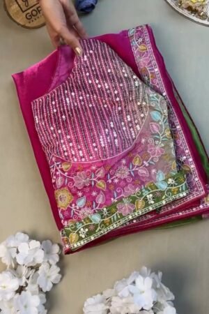Magenta & Sage Green Floral Embroidered Saree Set – Available in Magenta & Sage Green