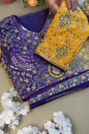 Regal Royal Blue & Saffron Yellow Sequined Silk Saree Ensemble – Available in Royal Blue & Saffron Yellow