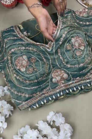 Enchanting Teal Sequined Organza Saree Set with Hand-Embroidered Rose Motifs