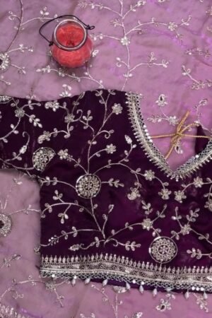 Royal Plum Hand-Embellished Velvet & Organza Saree Ensemble – Available in Plum & Rose Quartz