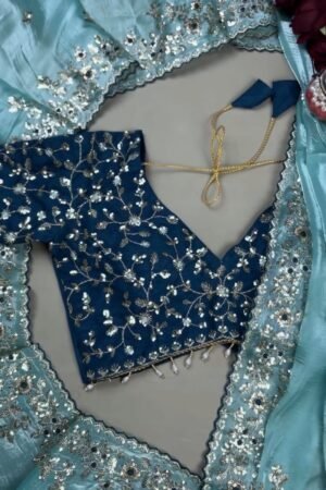 Enchanting Sequin-Embellished Organza Saree & Matching Embroidered Blouse Set โ Available in Aqua Blue & Deep Navy