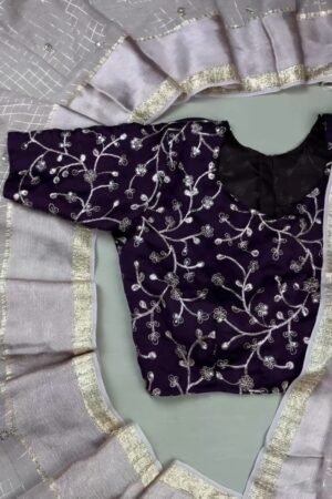 Midnight Plum & Oyster Grey Floral Embroidered Saree Set – Available in Deep Plum & Metallic Grey