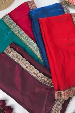 Royal Velvet Embroidered Blouse and Shimmer Saree Ensemble – Available in Wine, Midnight Blue, Emerald Green, Mustard Yellow & Red