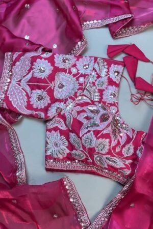 Magenta Floral Embroidered Organza Saree Set with Embellished Blouse