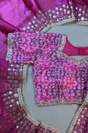 Magenta Georgette Geometric-Print Saree & Designer Blouse Ensemble