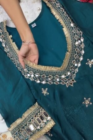 Enchanting Deep Teal Mirror-Work Kurta with Exquisite Gold Trim Details