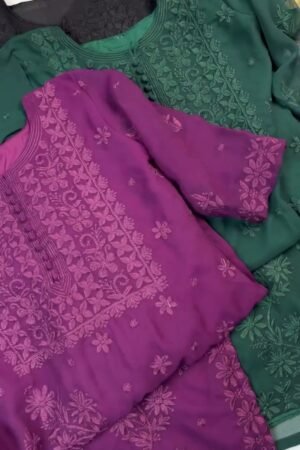 Chikankari Floral Embroidered Kurta Set – Available in Emerald Green, Scarlet Red & Midnight Black